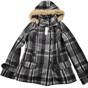 YMI Jacket Juniors Medium Gray Plaid Hooded Pea Coat Faux Fur Trim Pockets Warm